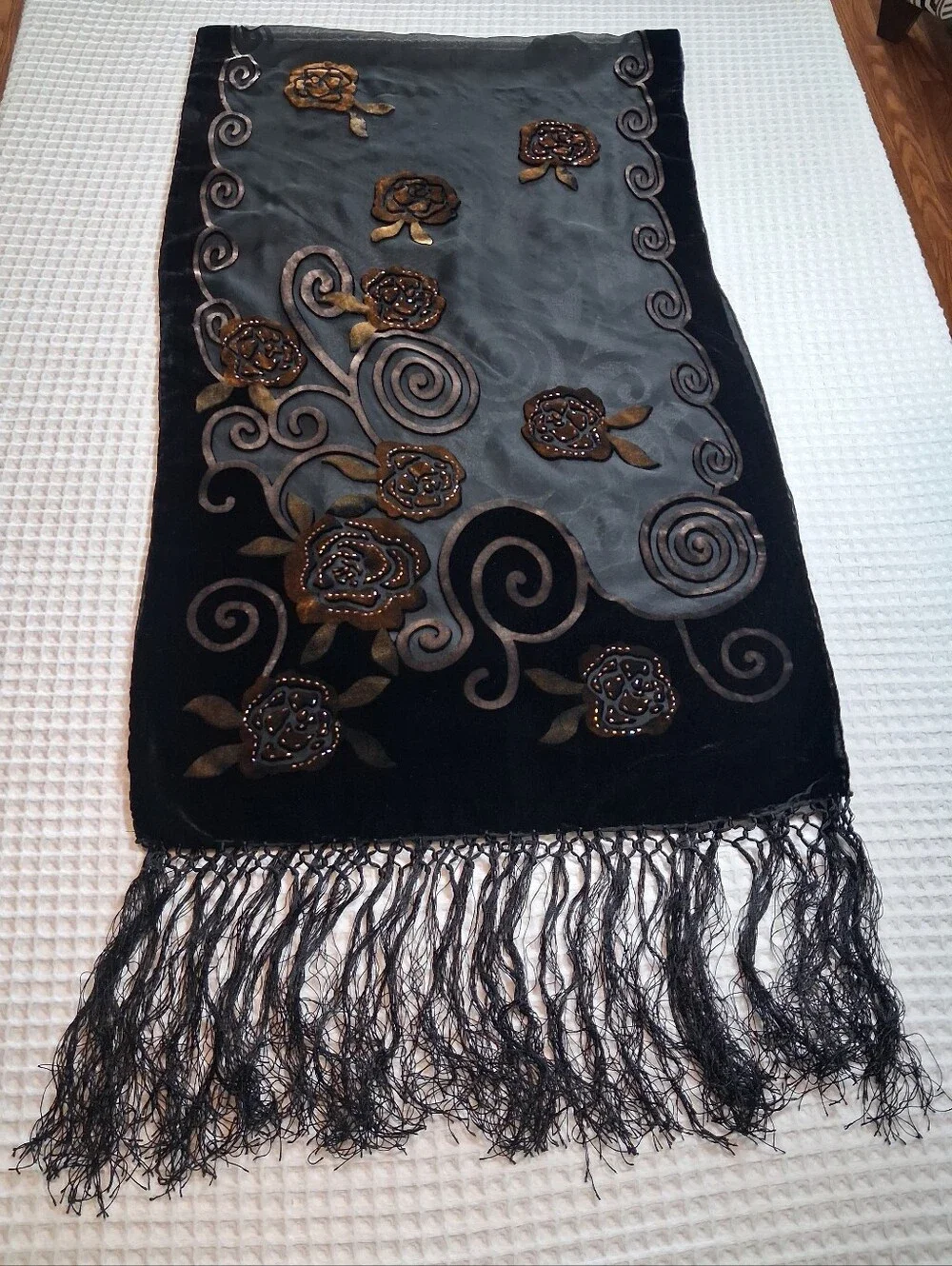 Unbranded Velvet Burnout Scarf/Shawl w/Beaded Rose Motif and Delicate Fringe